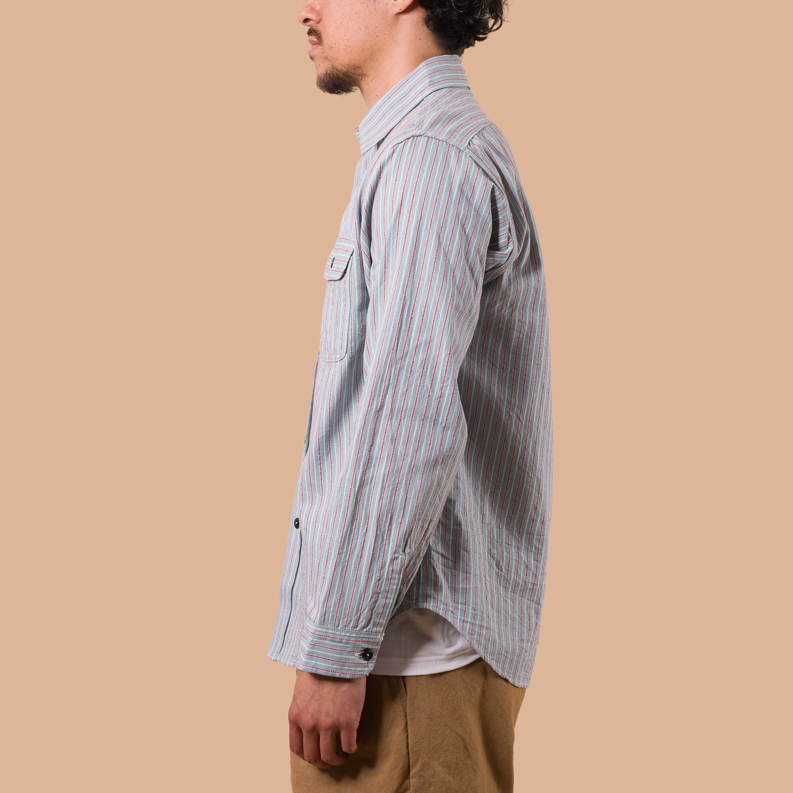 image flâneurs SUGAR CANE / Long Sleeve Dobby Stripe Work Shirt Blue de profil