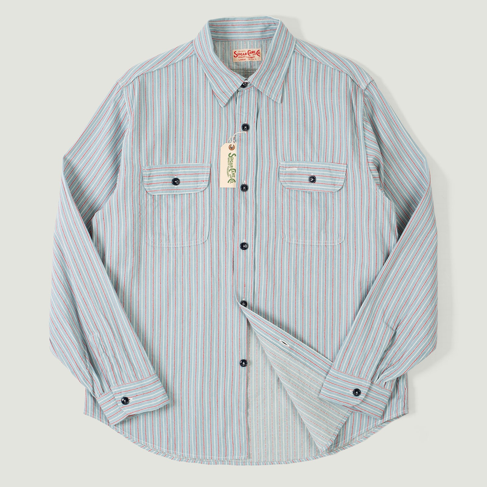 Vignettes flaneurs SUGAR CANE Long Sleeve Dobby Stripe Work Shirt Blue