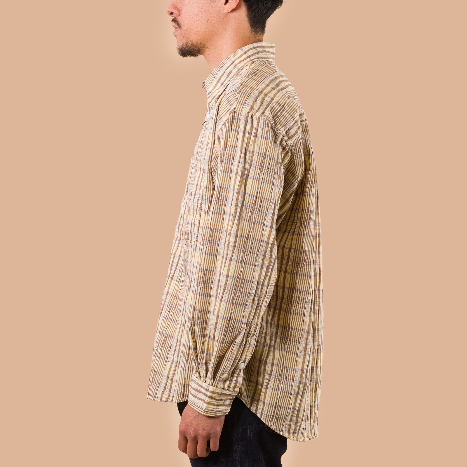 Gathered Seersucker Check Shirt Beige