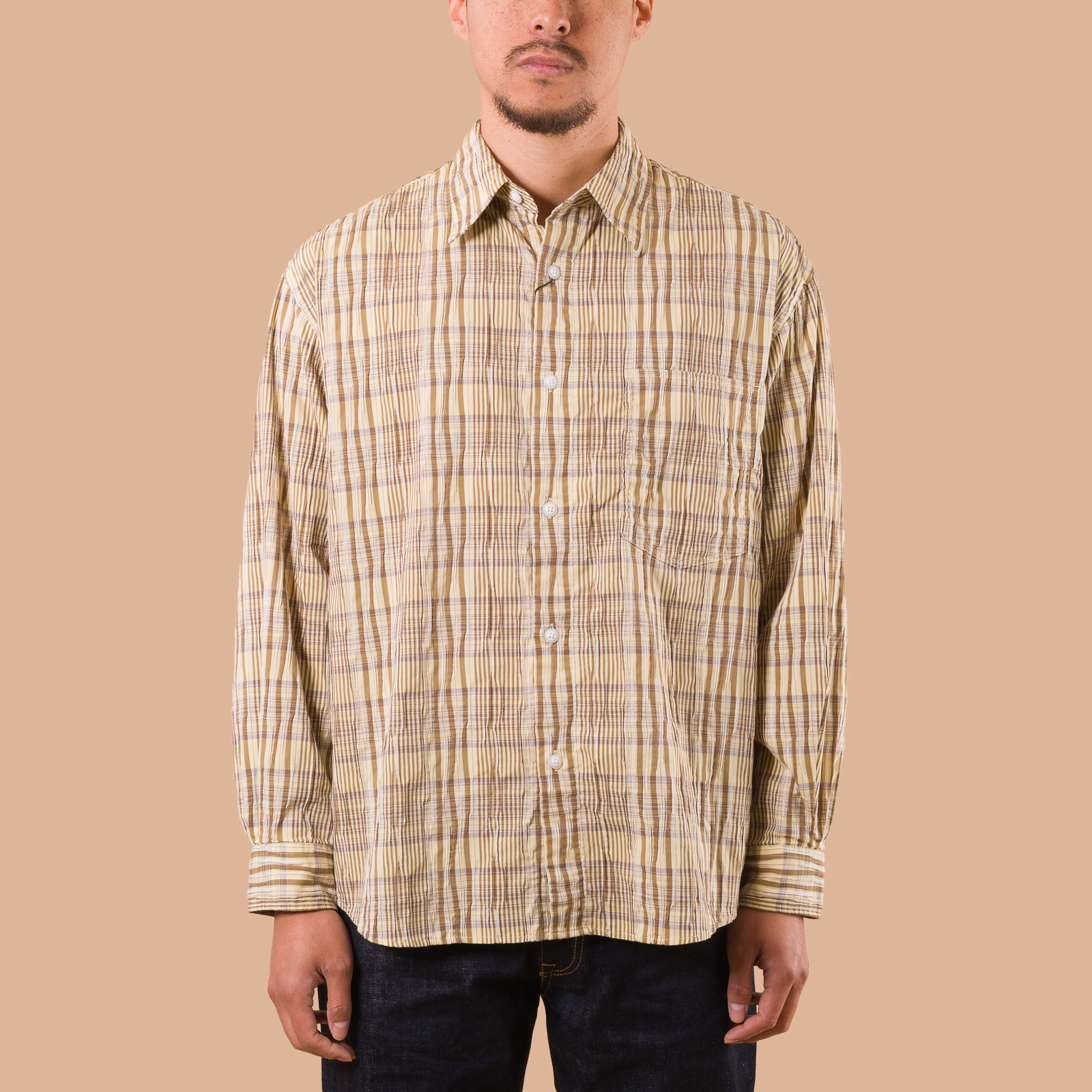Gathered Seersucker Check Shirt Beige