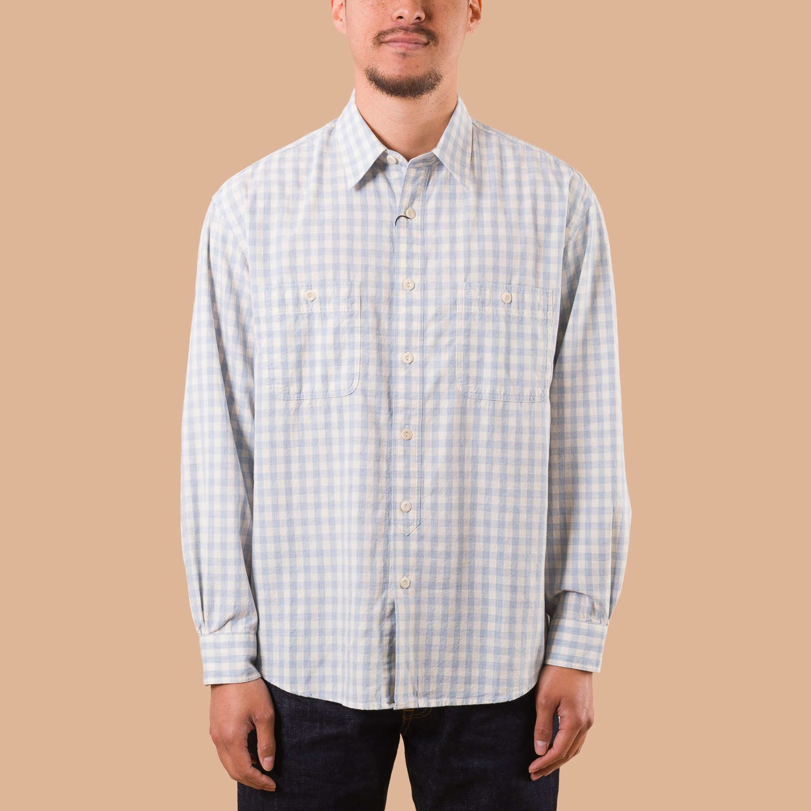 image flâneurs FRIZMWORKS / Melange Check Work Shirt Sky de face