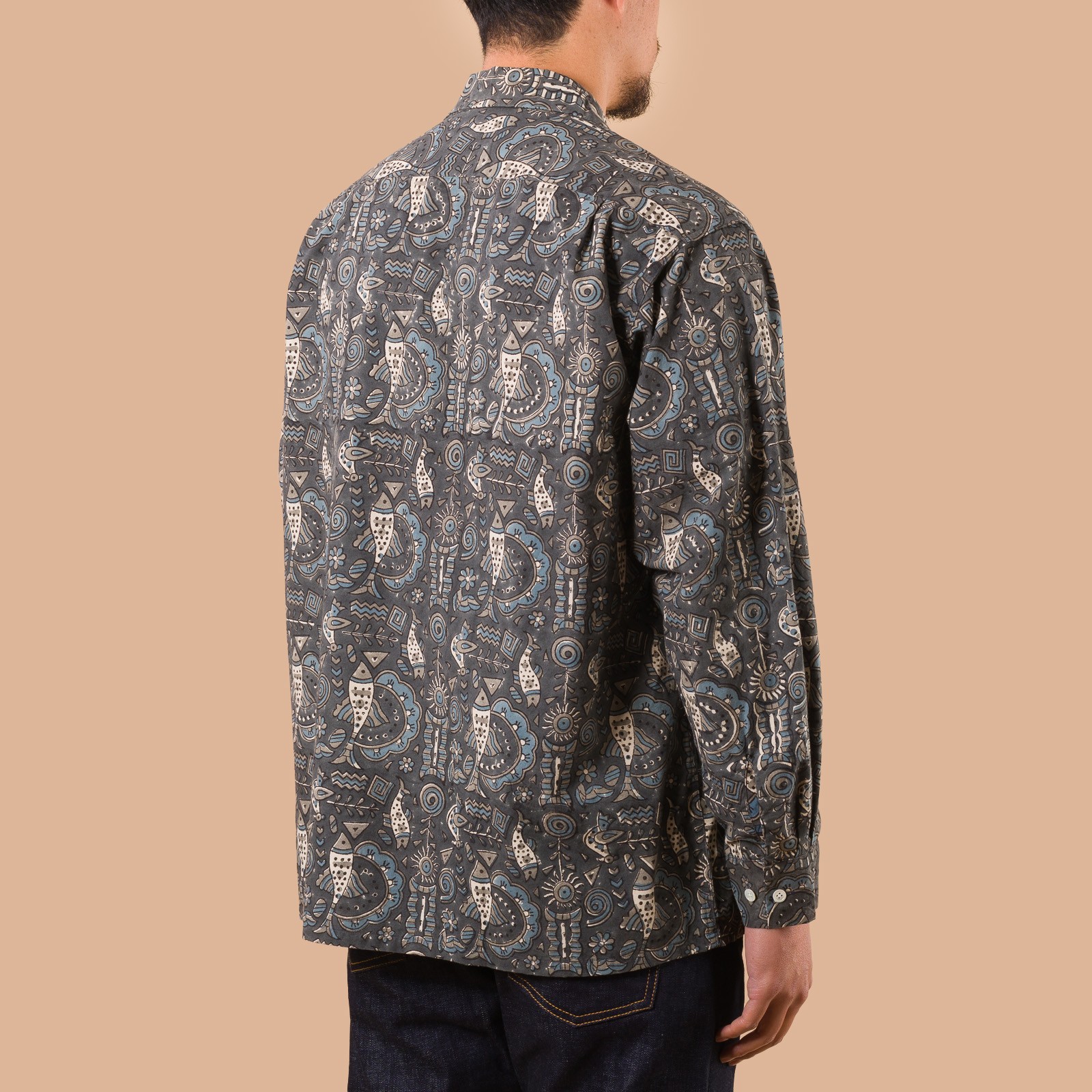 Open Collar Shirt Block Print Navy