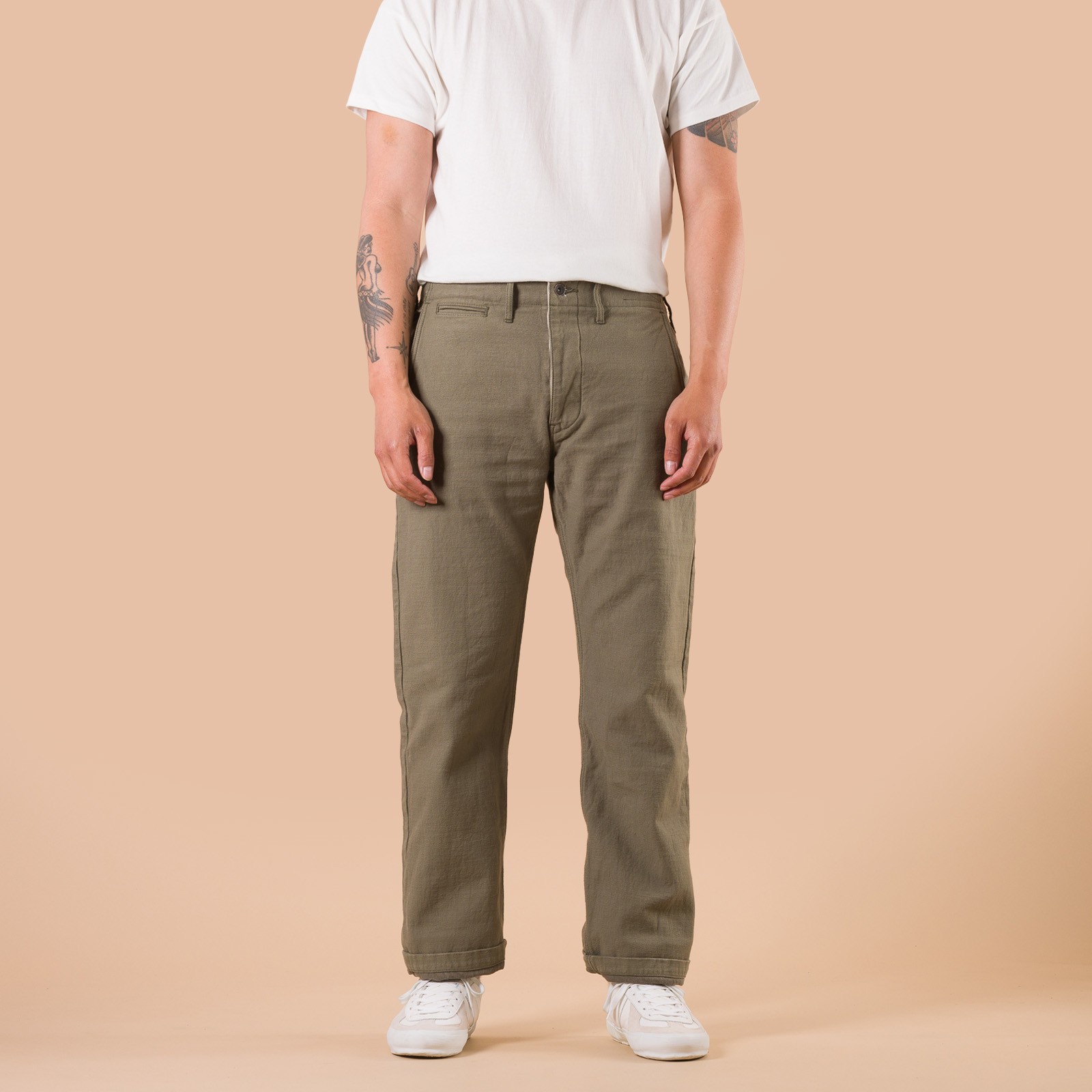 SJ42BP 15oz Heavy Back Satin Selvedge Chino Olive