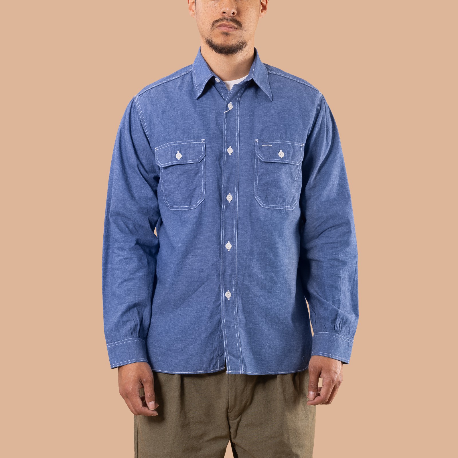 Image Flâneurs SUGAR CANE / VAT Dye Chambray Work Shirt Blue face