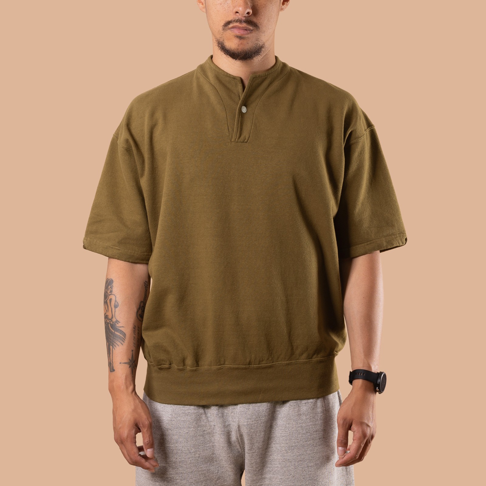 Light Terry Henley Sweatshirt Khaki