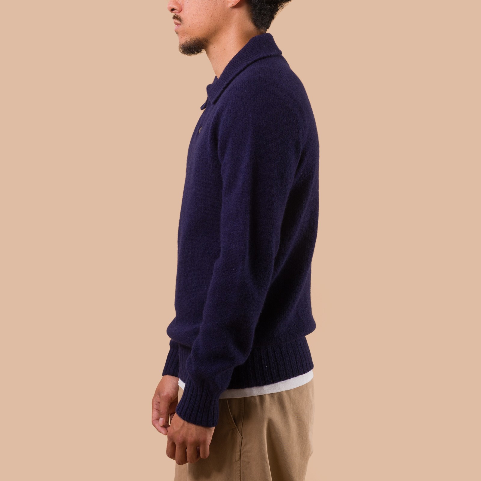 flaneurs pull HARLEY OF SCOTLAND Eton Supersoft Wool 3 Button Polo Neck Navy side