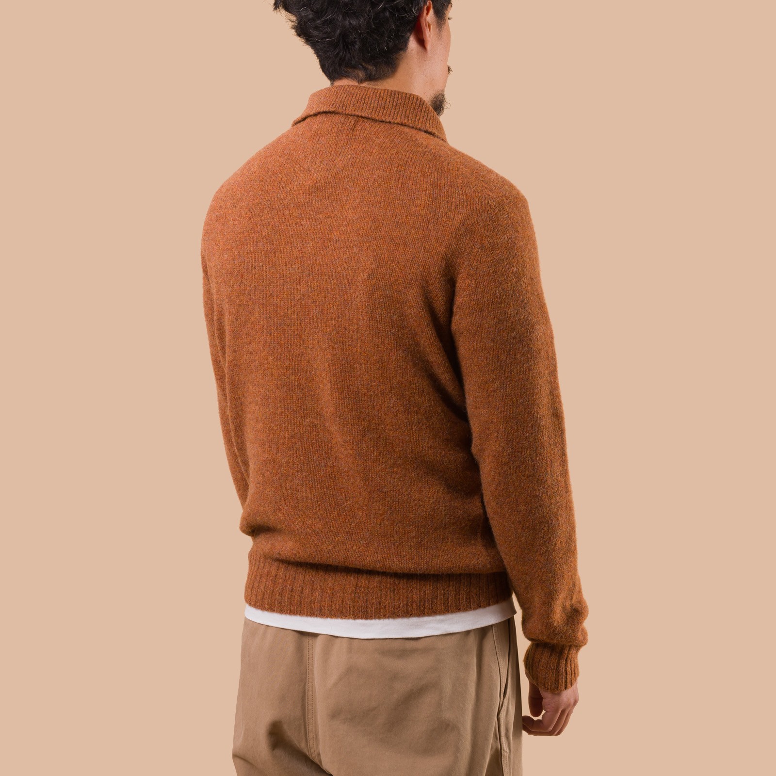 flaneurs pull HARLEY OF SCOTLAND Eton Supersoft Wool 3 Button Polo Neck Whiskey back