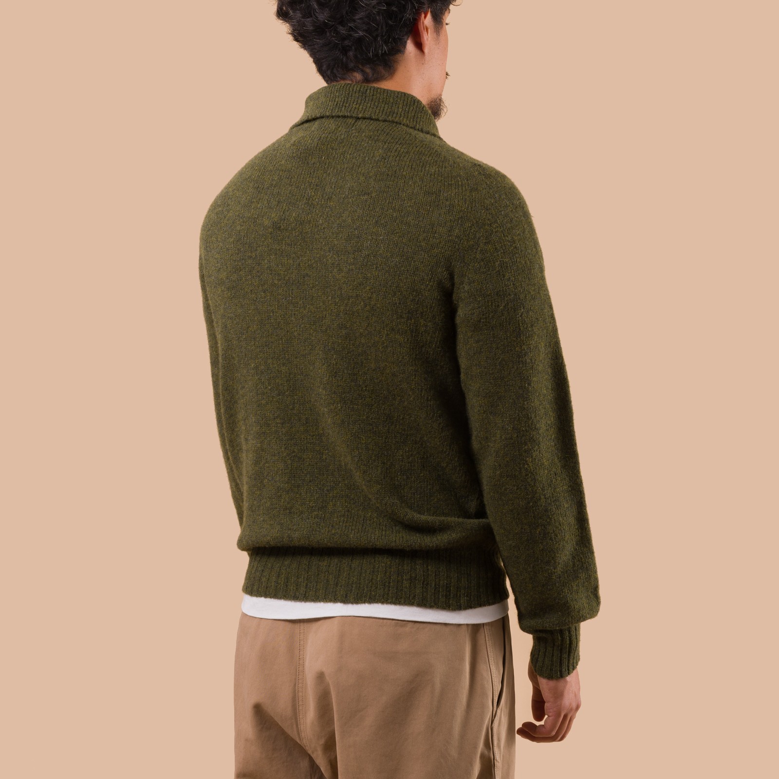 flaneurs pull HARLEY OF SCOTLAND Eton Supersoft Wool 3 Button Polo Neck Scots Pine back