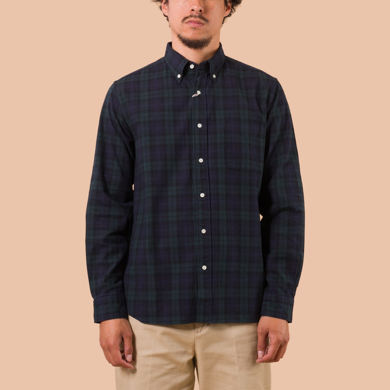 flaneurs worn front BEAMS PLUS B.D. Oxford Shirt Indigo Black Watch