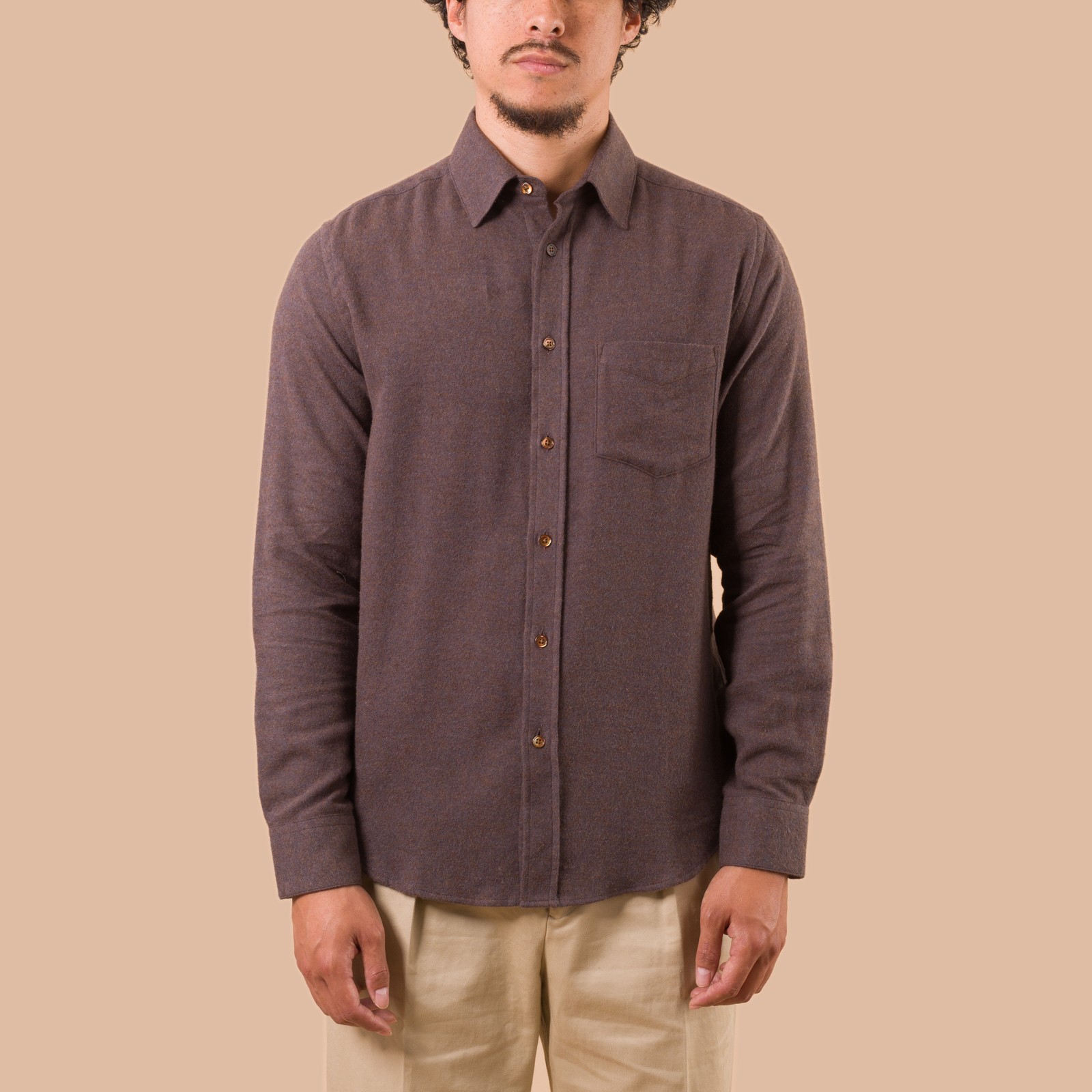 flaneurs Portuguese Flannel Suavis Shirt Brown worn front