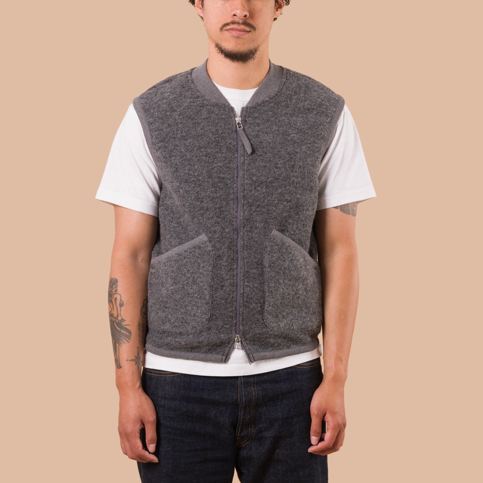 flaneurs worn front UNIVERSAL WORKS Wool Fleece Zip Waistcoat Grey