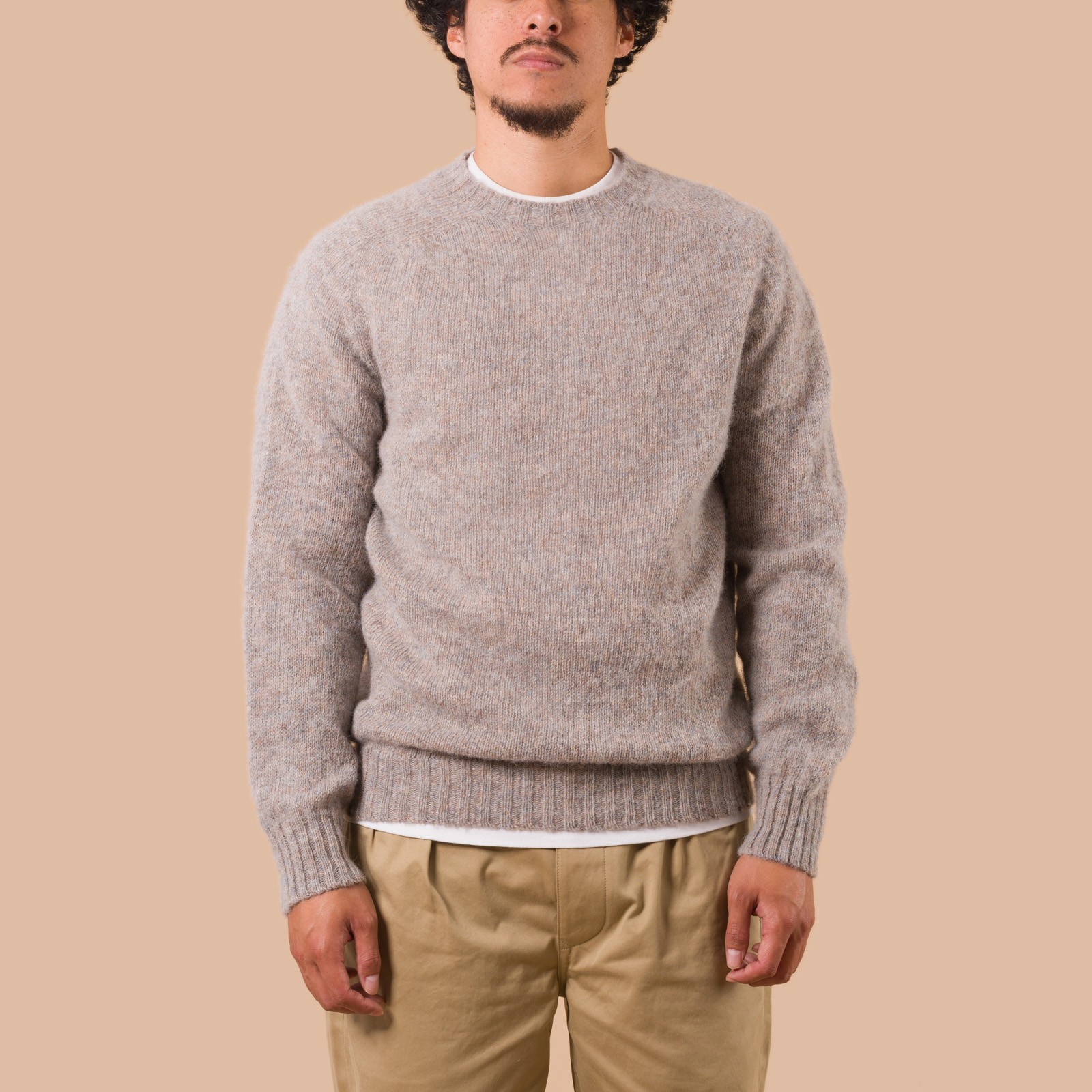 Vignettes Flaneurs Knitwear Shaggy Crew Neck Sweater Pebble worn front