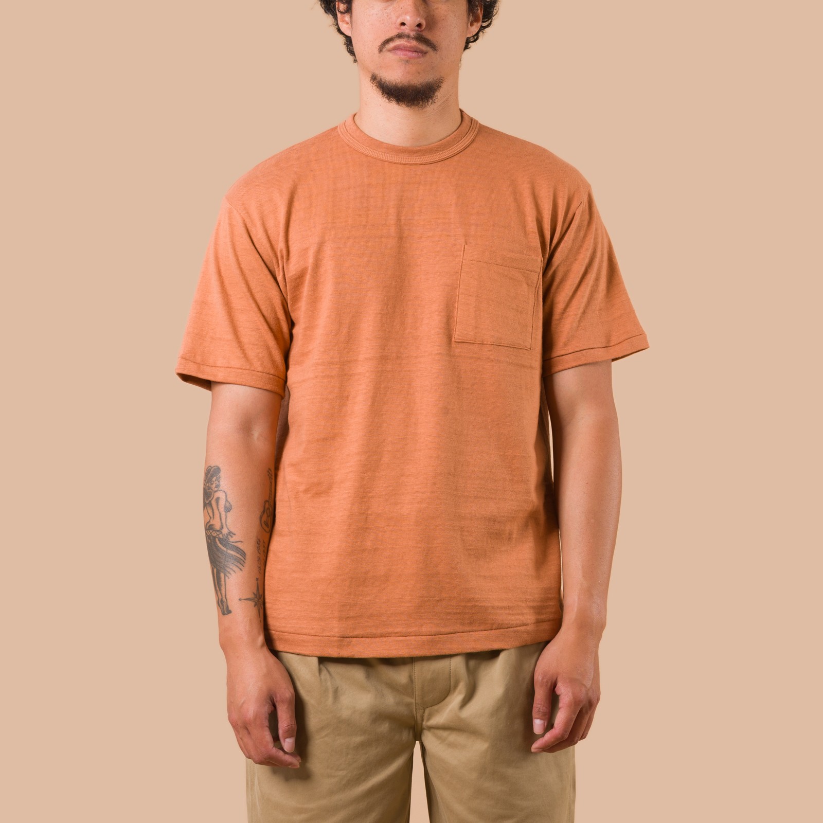 image worn front flaneurs WAREHOUSE & CO.  Lot. 4601 Pocket T-Shirt Dark Salmon