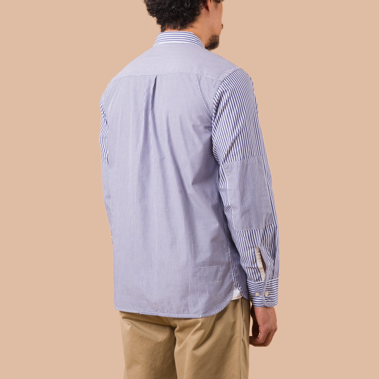 flaneurs UNIVERSAL WORKS Queens Cotton Patched Shirt Navy worn back