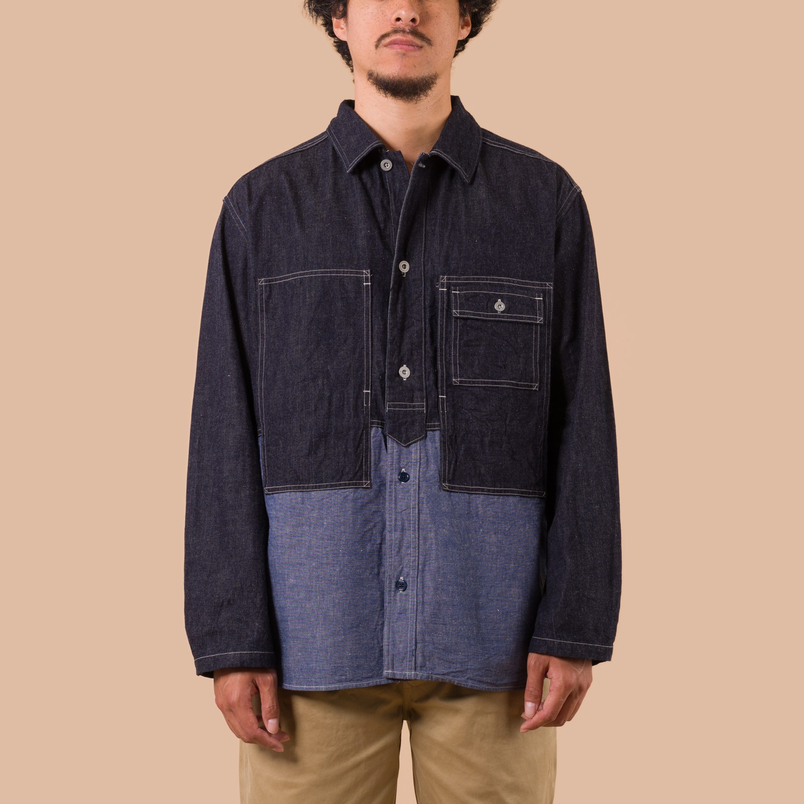 flaneurs NIGEL CABOURN Utility Shirt Type 2 Denim Indigo worn front