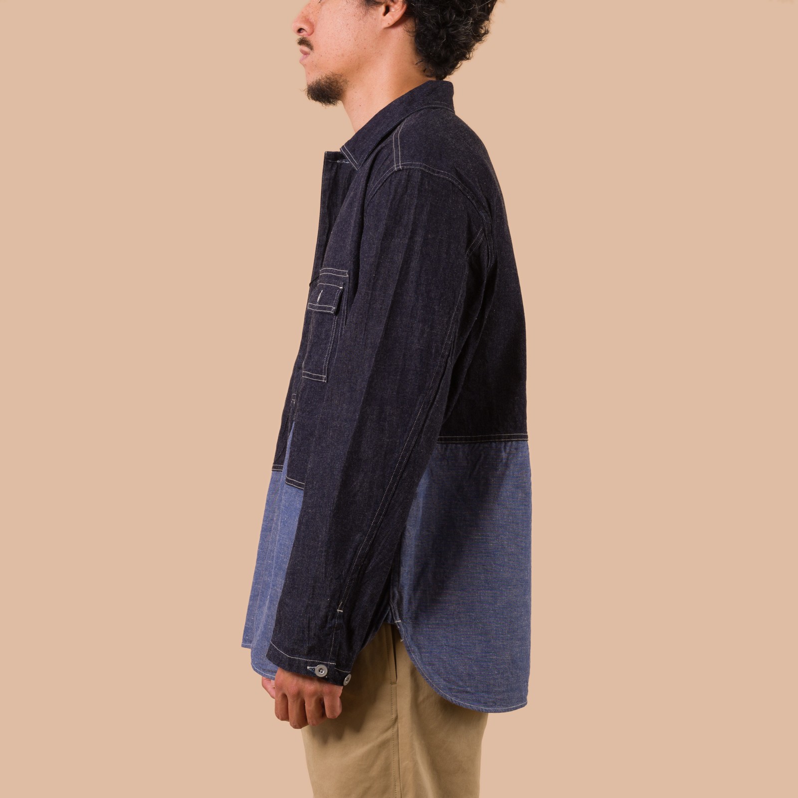 flaneurs NIGEL CABOURN Utility Shirt Type 2 Denim Indigo worn side