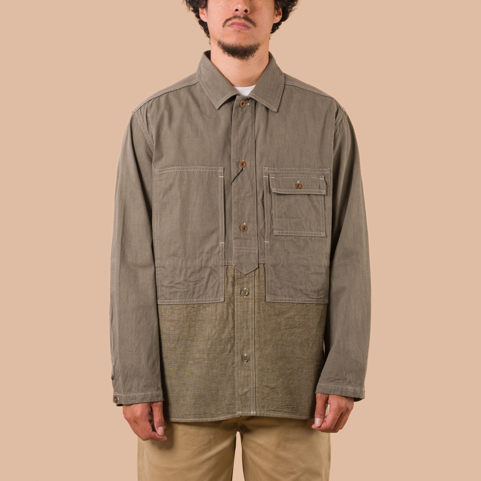 flaneurs NIGEL CABOURN Utility Shirt Type 2 green Indigo worn front
