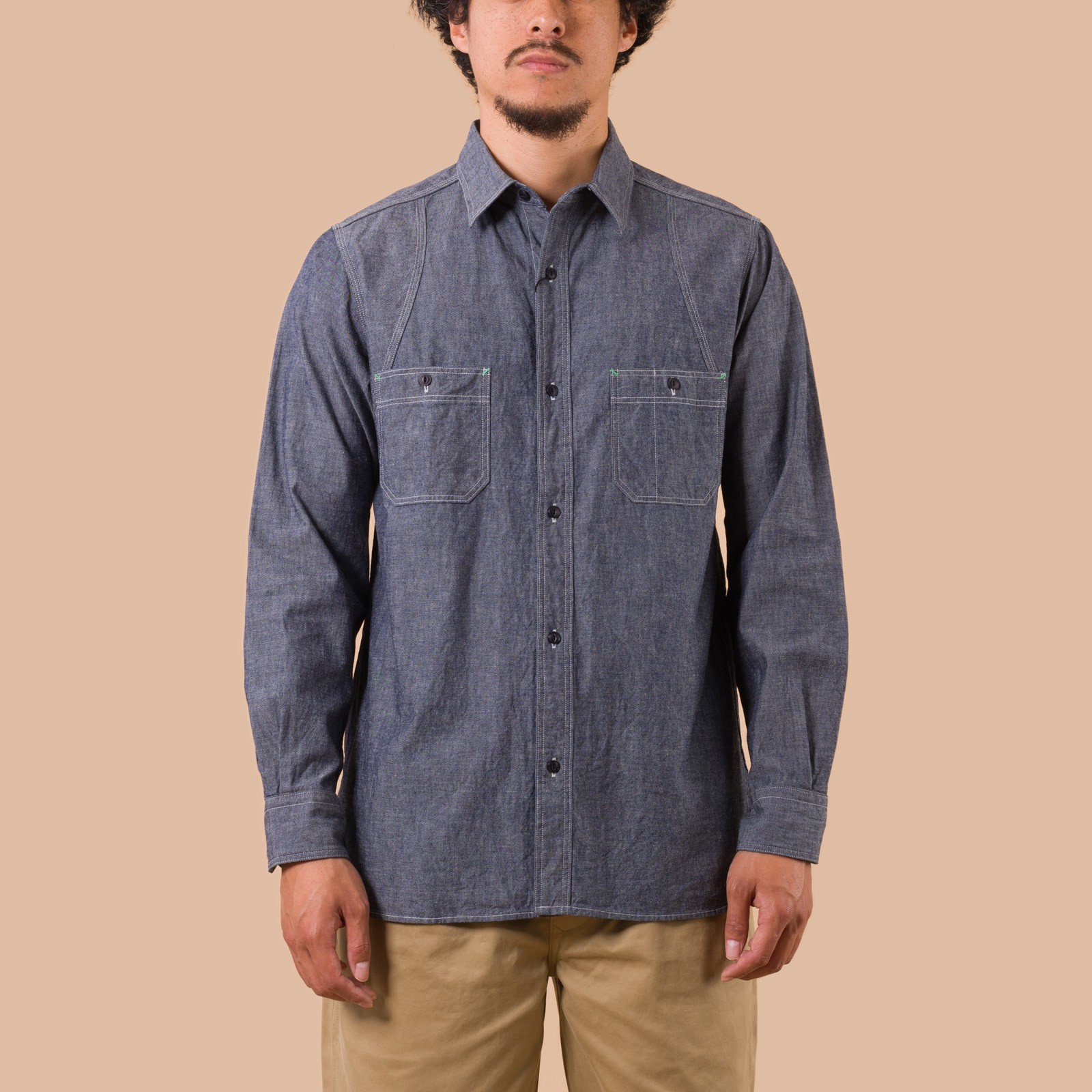 flaneurs NIGEL CABOURN Medical Shirt Indigo Selvedge Chambray worn front