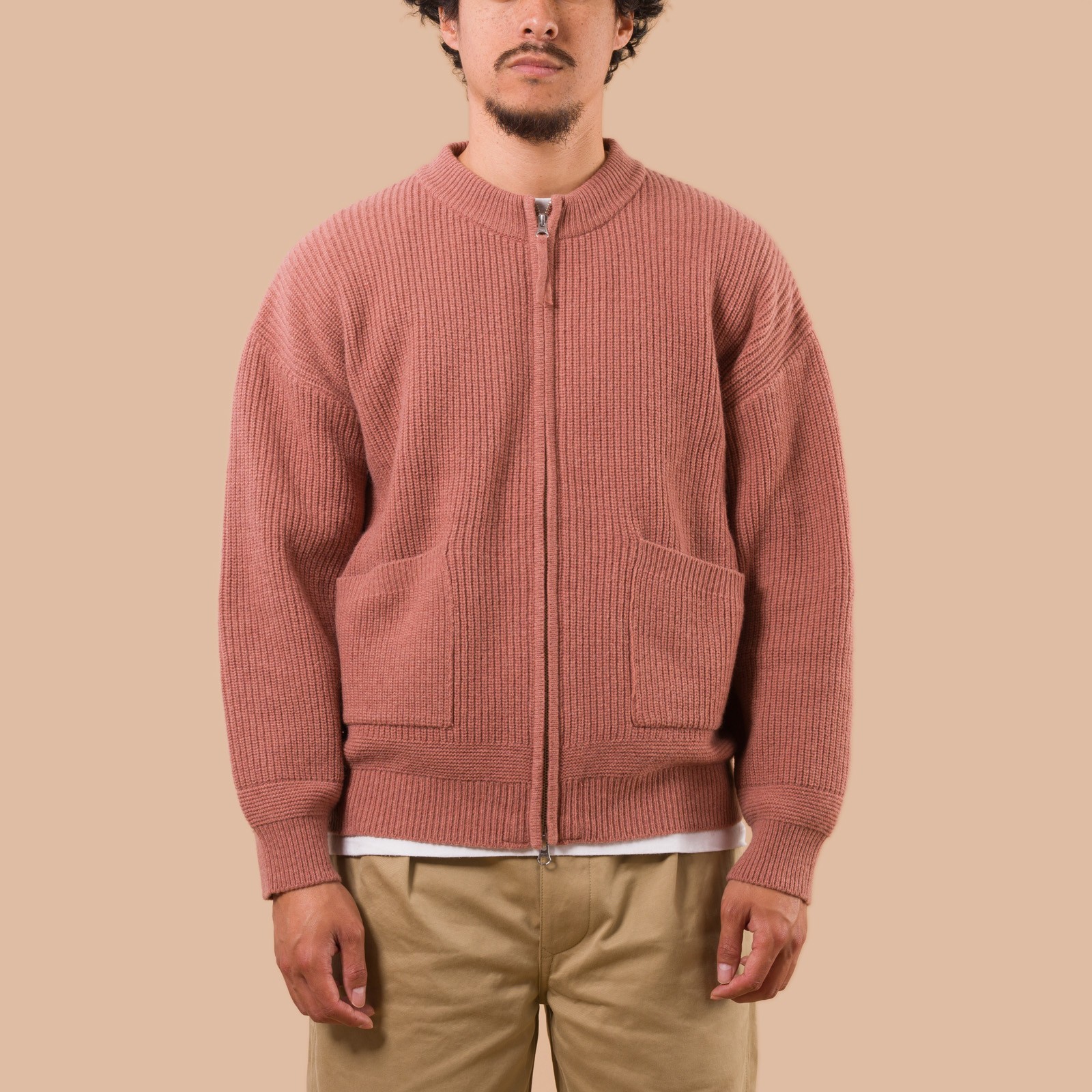 flaneurs Frizmworks Wool Deck Zip Up Cardigan Indian Pink worn front