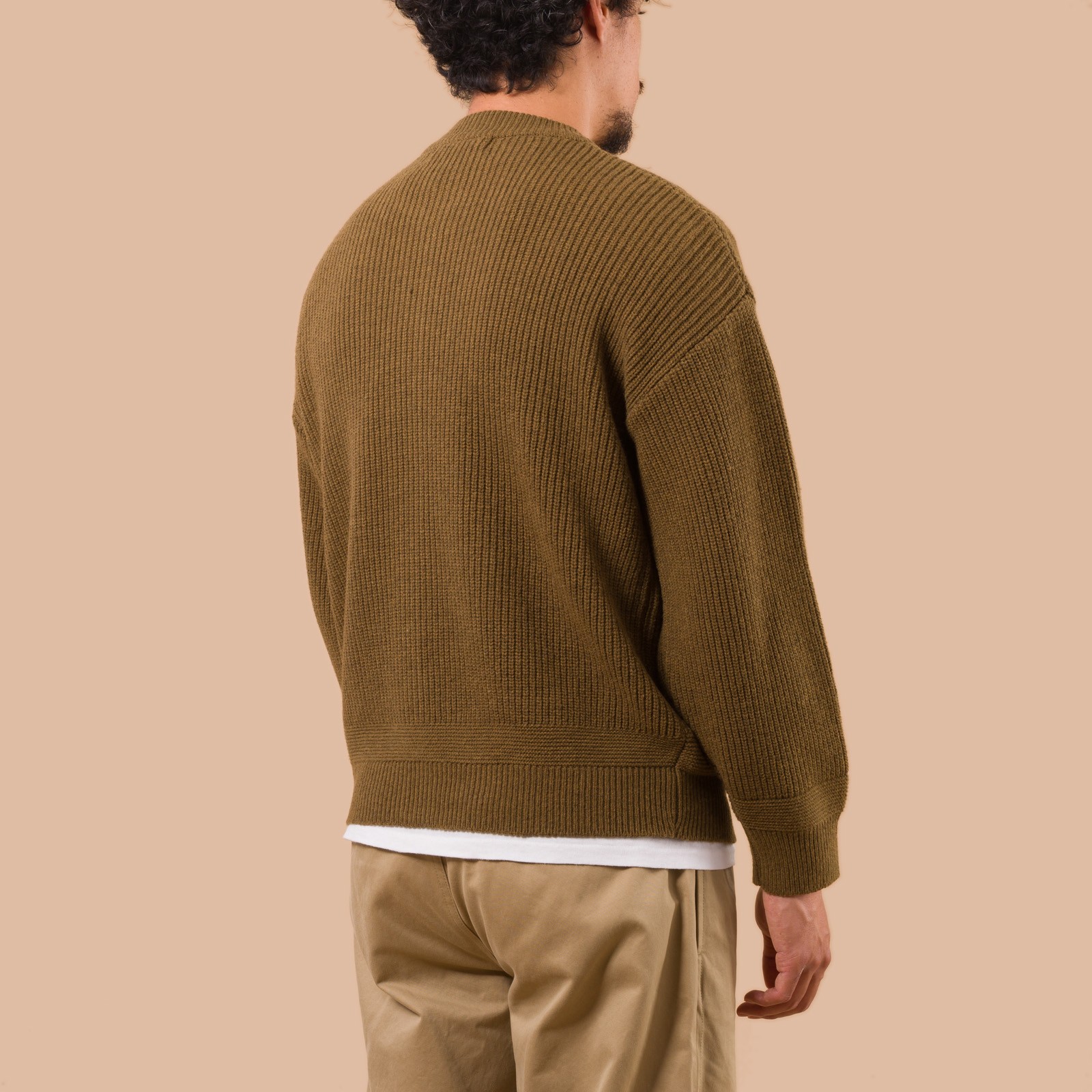 flaneurs Frizmworks Wool Deck Zip Up Cardigan Cinnamon worn back