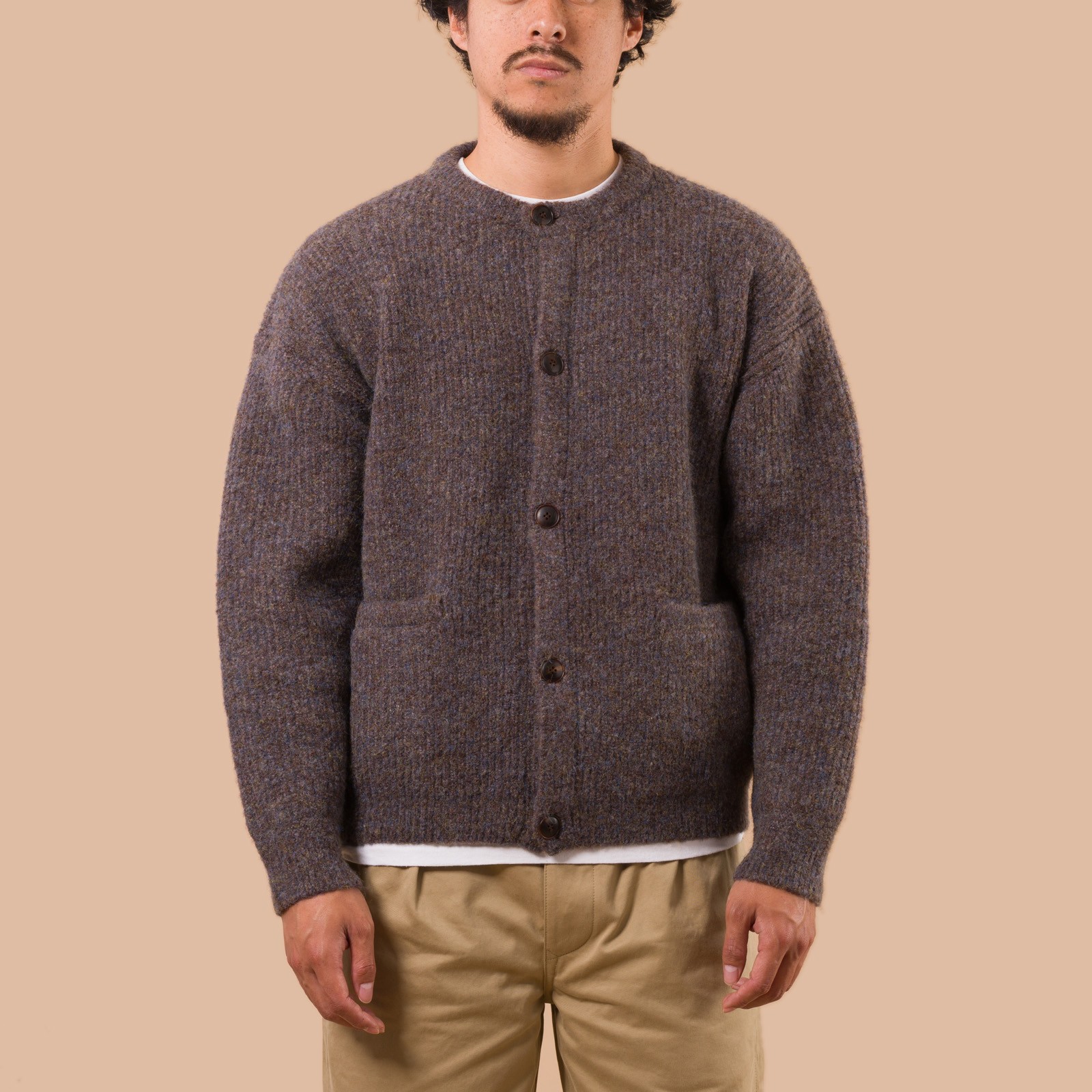 flaneurs Frizmworks Brushed Wool Round Cardigan Brown worn front