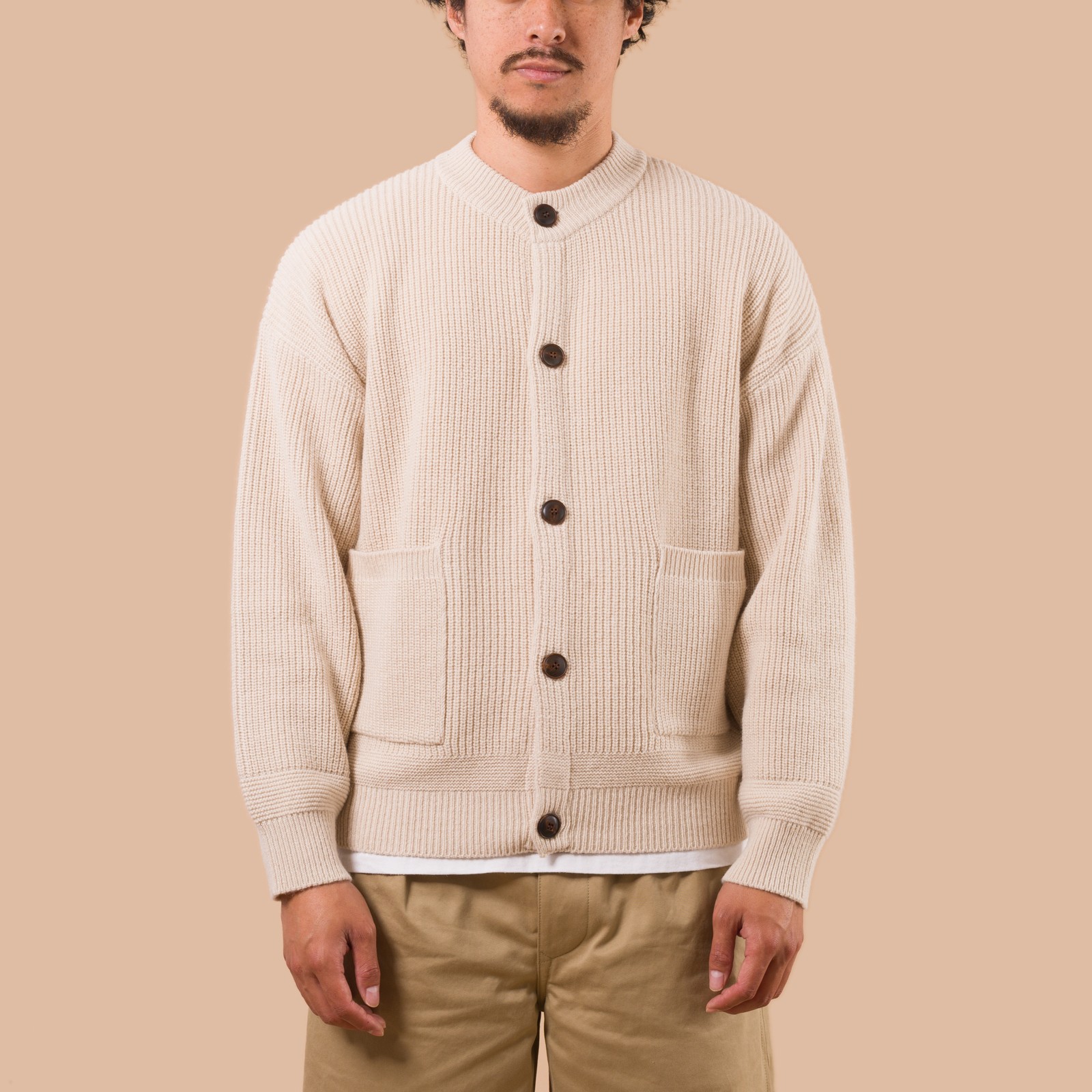 flaneurs Frizmworks Heavy Wool Round Cardigan Cream worn front