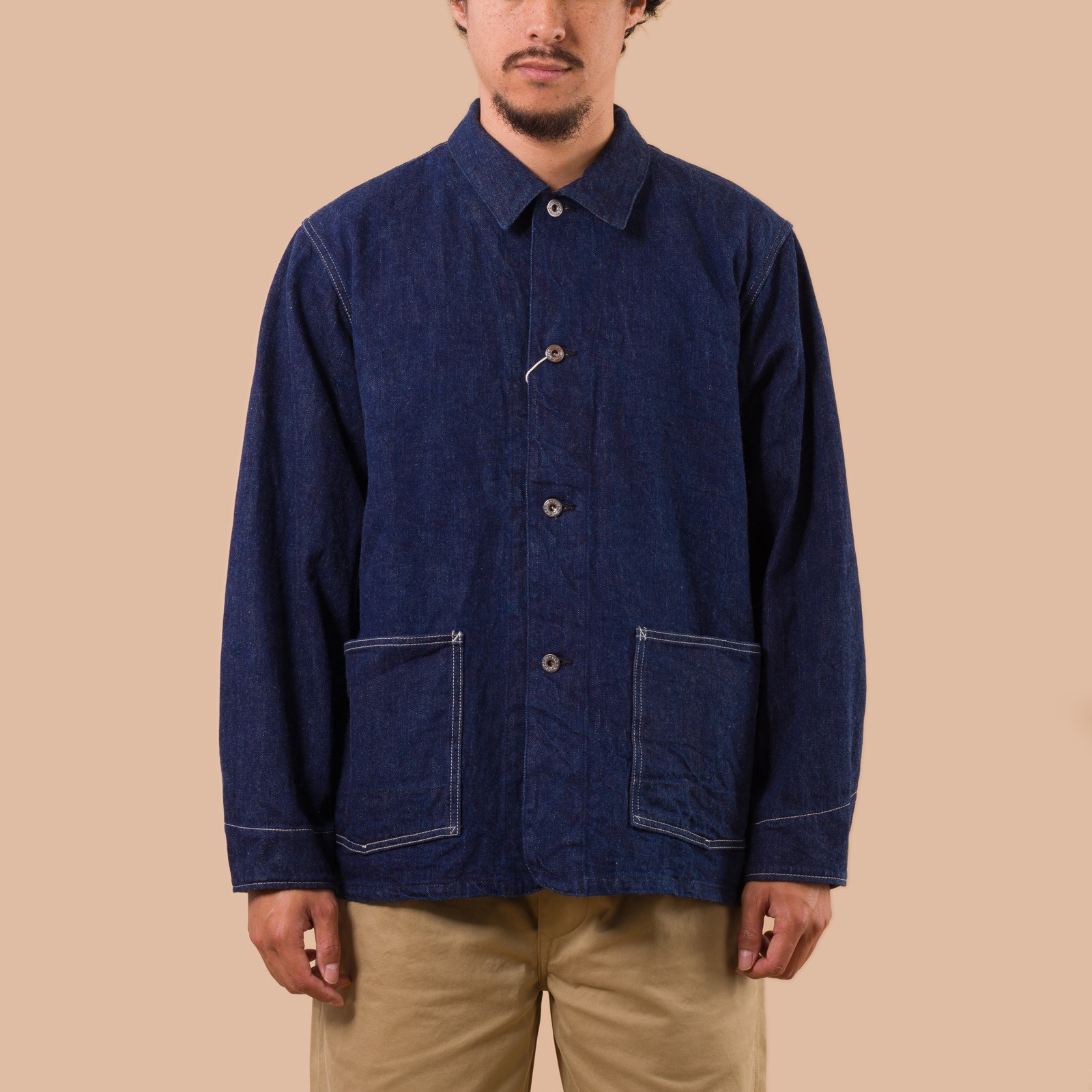 Flaneurs FOB Factory F2467 WWII Denim Chore Coat worn front
