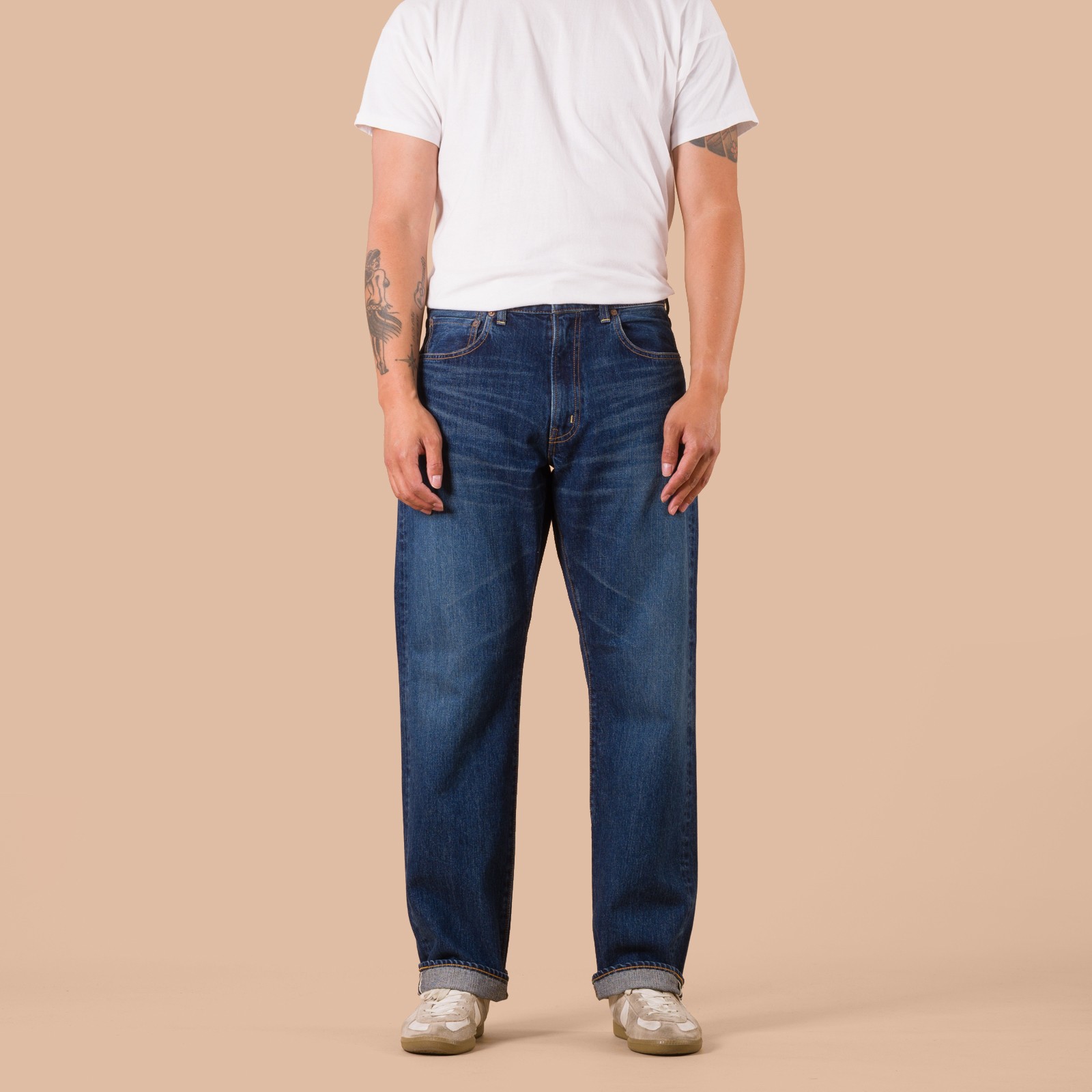 Flaneurs FOB Factory F159 13oz Used Straight Selvedge Denim worn front