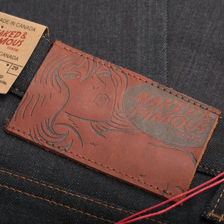 NAKED & FAMOUS SuperGuy Nightshade Stretch Selvedge jeans with leather patch