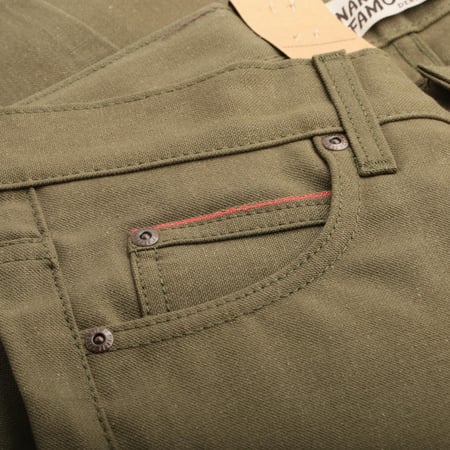 coin pocket flâneurs NAKED & FAMOUS SuperGuy Army Green "Duck" Canvas Selvedge
