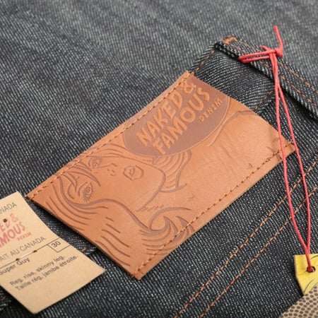 NAKED & FAMOUS SuperGuy Stretch Selvedge flâneurs with leather patch