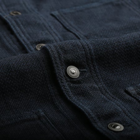 MOMOTARO Dobby Coverall Jacket in Indigo with Buttons and Loafers