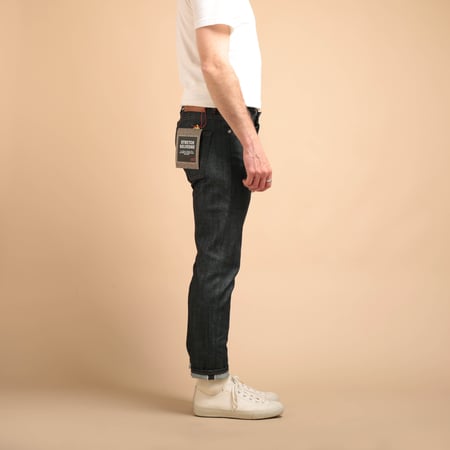 NAKED & FAMOUS SuperGuy Stretch Selvedge jeans worn on the side