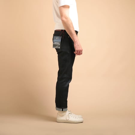 NAKED & FAMOUS SuperGuy Nightshade Stretch Selvedge jeans worn on the side