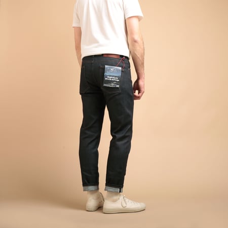 photo of flâneurs NAKED & FAMOUS SuperGuy Nightshade Stretch Selvedge worn from the back