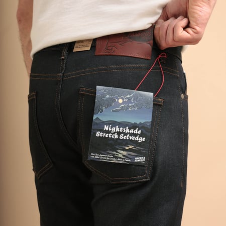 NAKED & FAMOUS SuperGuy Nightshade Stretch Selvedge jeans worn by urban wanderers