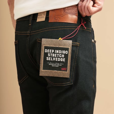 NAKED & FAMOUS SuperGuy Deep Indigo Stretch Selvedge jeans worn by street roamers