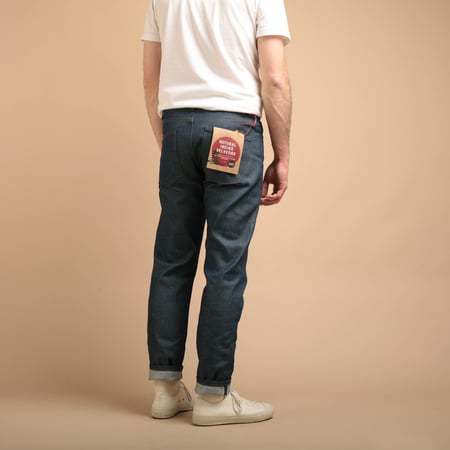 NAKED & FAMOUS SuperGuy Natural Indigo Selvedge worn from the back