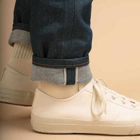 NAKED & FAMOUS SuperGuy Natural Indigo Selvedge jeans worn with ID selvedge