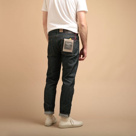 NAKED & FAMOUS SuperGuy Left Hand Twill Selvedge jeans worn from the back