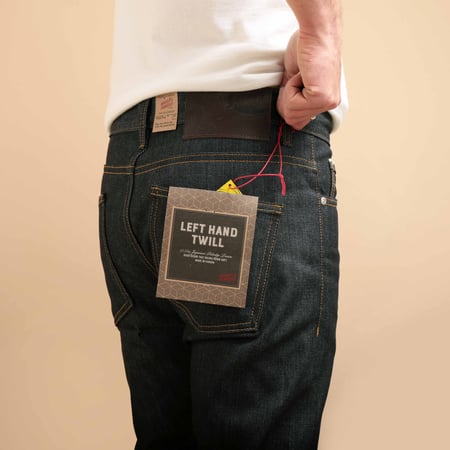 NAKED & FAMOUS SuperGuy Left Hand Twill Selvedge jeans worn on the back side