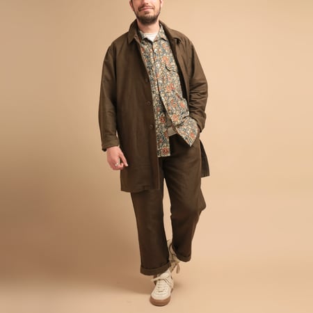 Open Collar Short Sleeve Shirt Block Print Olive