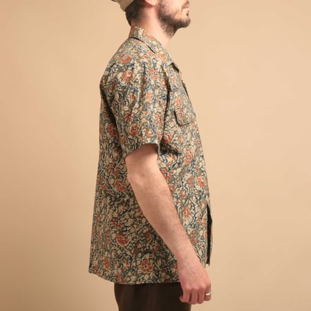 Open Collar Short Sleeve Shirt Block Print Olive