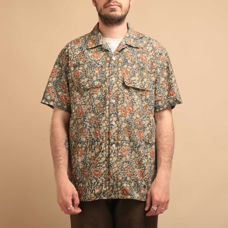 Open Collar S/S Shirt Block Print Olive