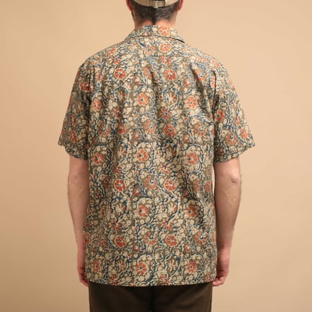Open Collar Short Sleeve Shirt Block Print Olive