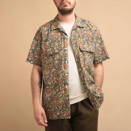 Open Collar S/S Shirt Block Print Olive