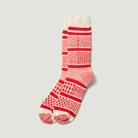 Multi Jacquard Crew Socks Ivory/Red