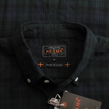 chemise en coton BEAMS PLUS / BD Oxford Shirt Indigo tartan Black Watch detail col avec étiquette