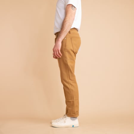 NAKED & FAMOUS WeirdGuy Army Green "Duck" Canvas Selvedge worn on the side