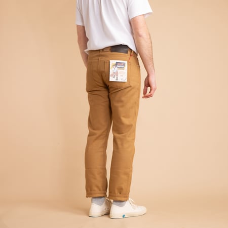 NAKED & FAMOUS WeirdGuy Army Green "Duck" Canvas Selvedge worn from the back